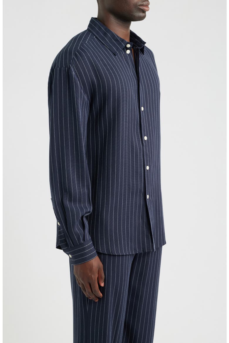 Long Pinstripe Button-Up Shirt, Alternate, color, DARK NAVY