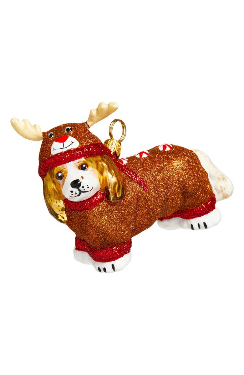 Joy to the World Collectibles Cavalier King Blenheim in Reindeer Pajamas Glass Ornament, Main, color, Brown