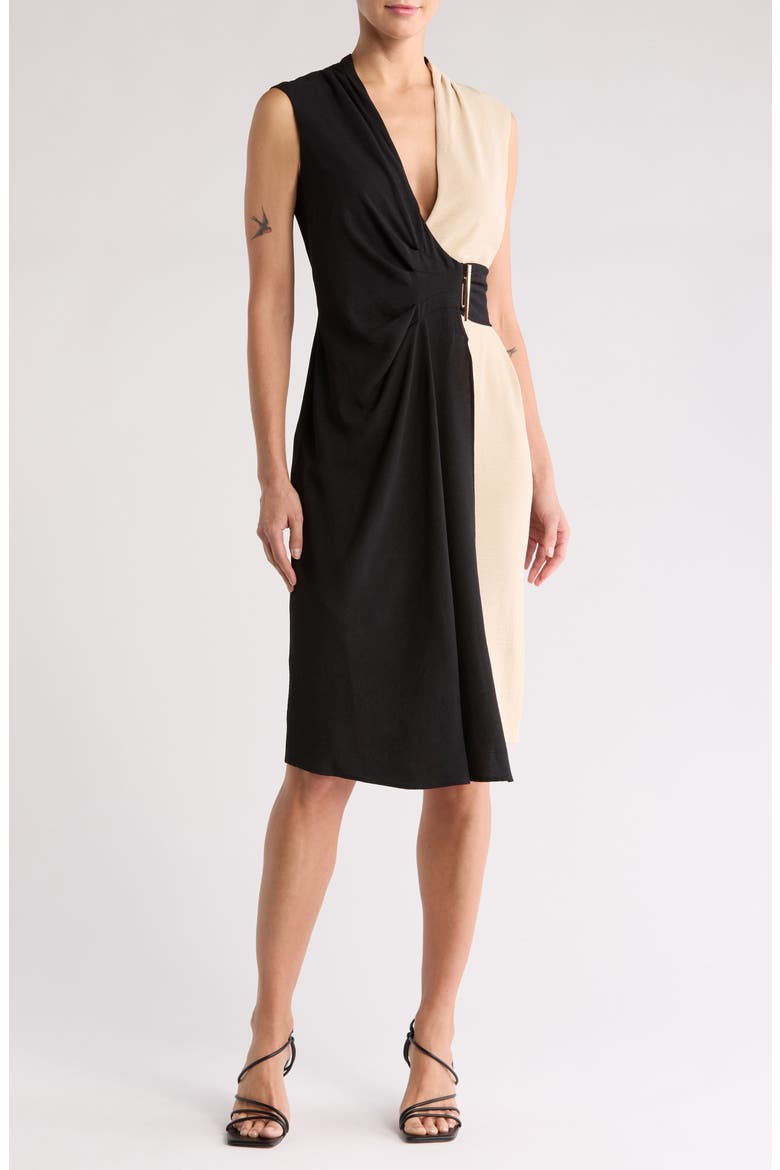 Colorblock Faux Wrap Dress, Main, color, SAND/ BLACK