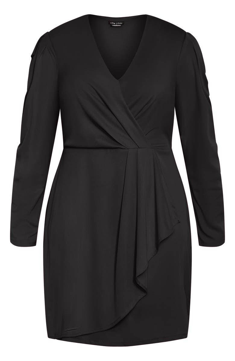 City Chic Freya Iris Long Sleeve Faux Wrap Dress, Alternate, color, Black