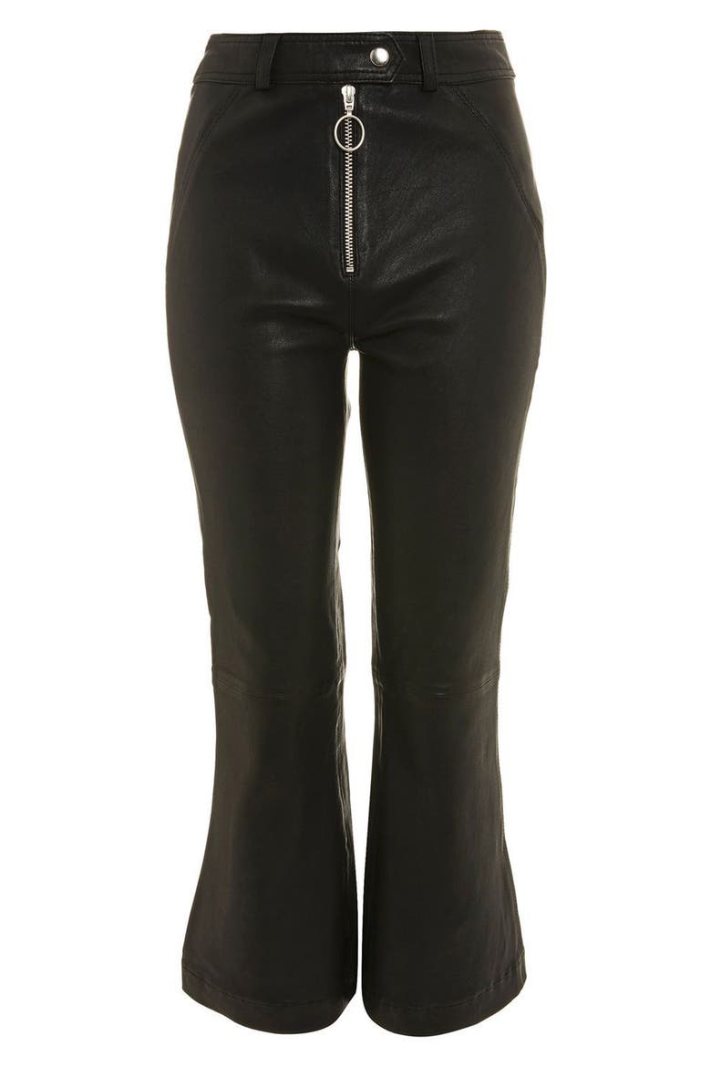 Premium Kick Flare Crop Leather Pants, Alternate, color, BLACK