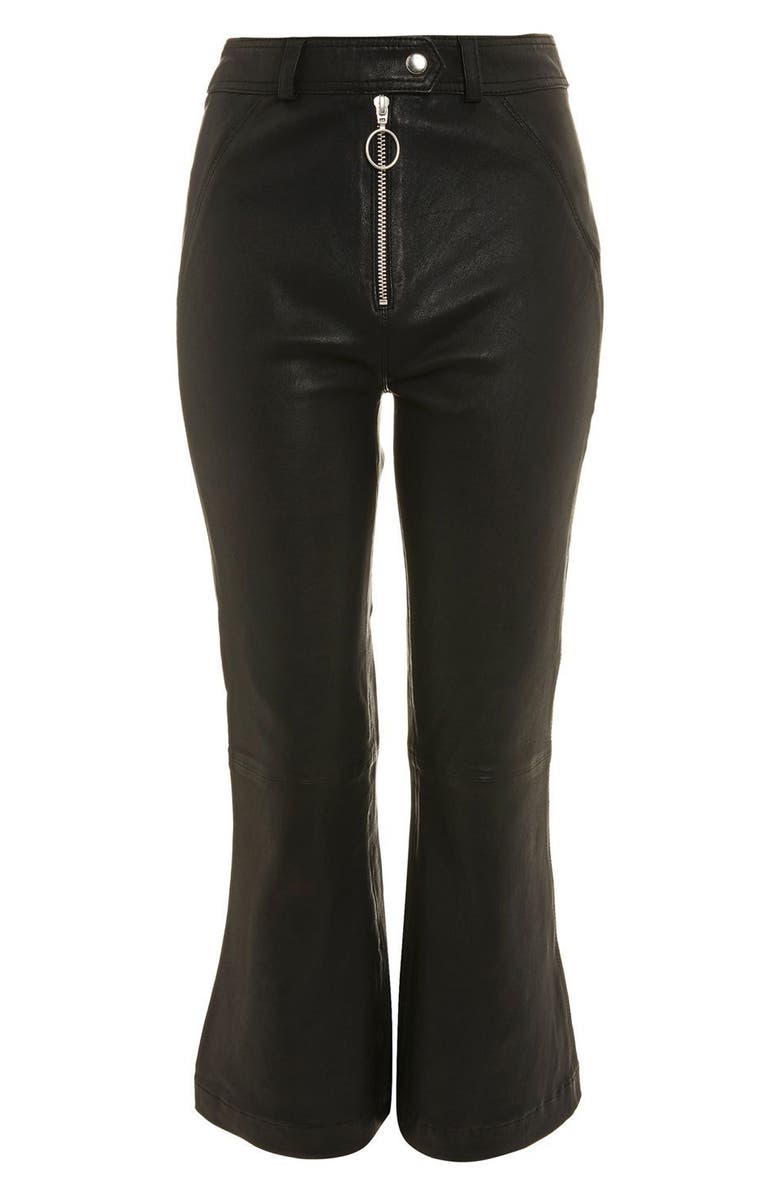 Topshop Premium Kick Flare Crop Leather Pants, Alternate, color,