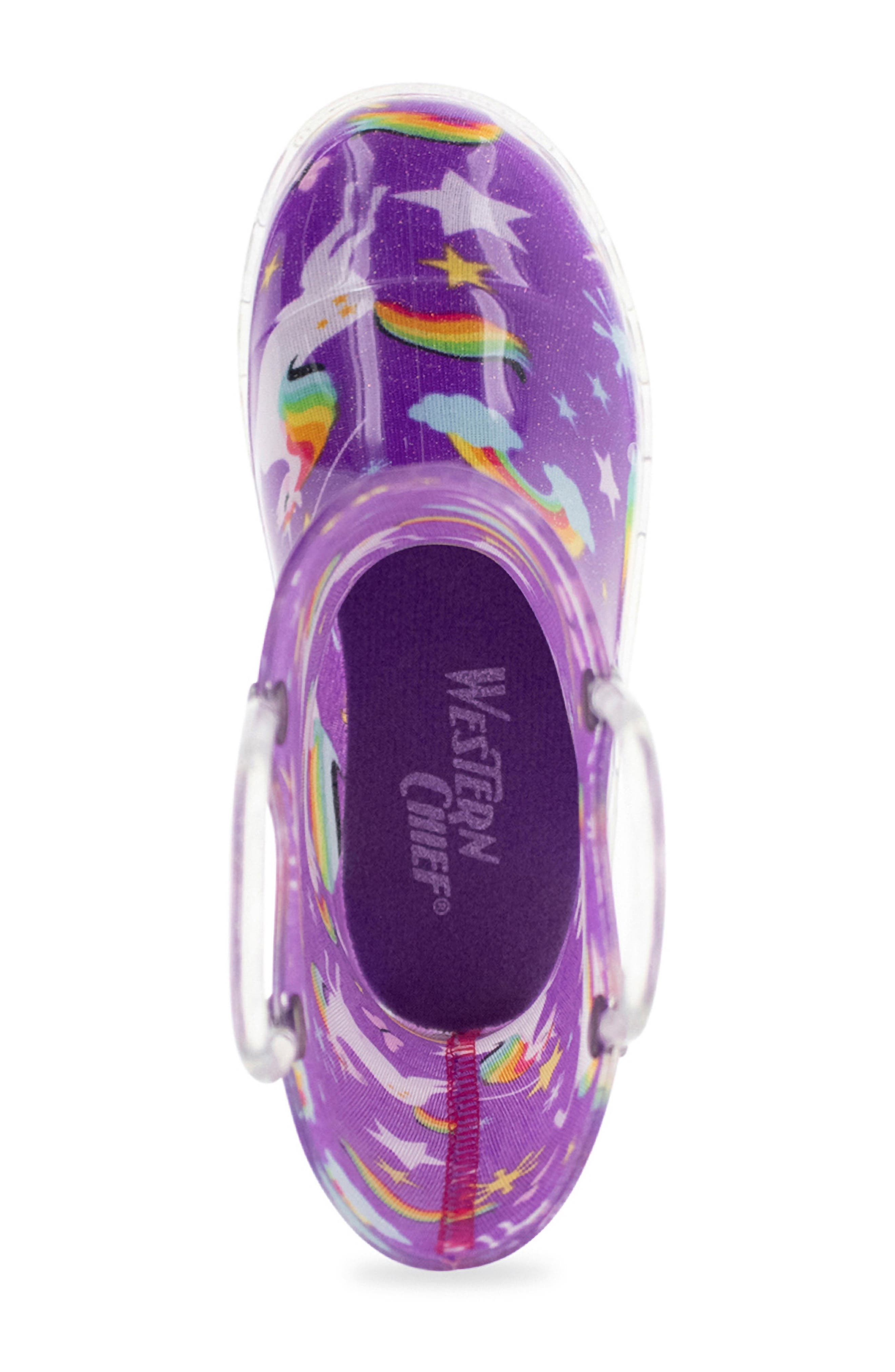 Western Chief Kids' Rainbow Unicorn Light-Up Waterproof Rain Boot, Alternate, color, Purple
