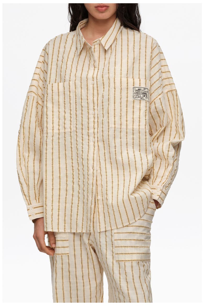 Ocher Striped Textured Cotton Oversize Shirt, Main, color, MUSTARD