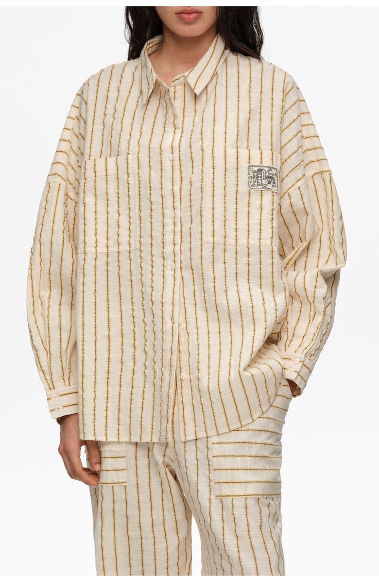 Bimba y Lola Ocher Striped Textured Cotton Oversize Shirt, Main, color, Mustard