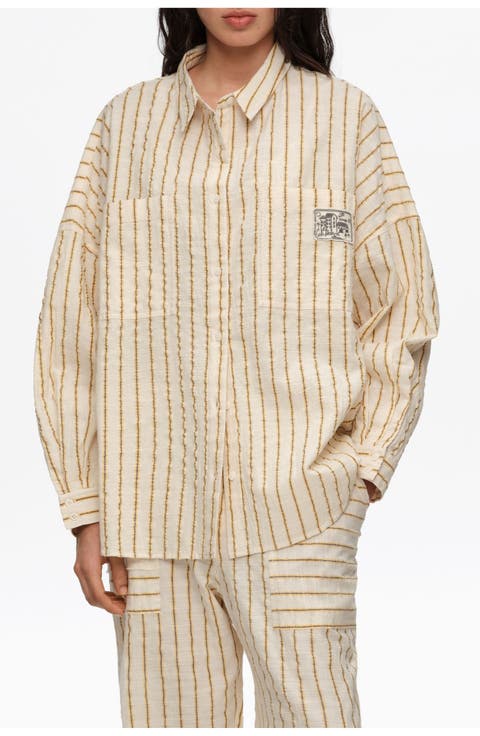 Ocher Striped Textured Cotton Oversize Shirt