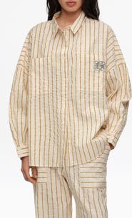 Bimba y Lola Ocher Striped Textured Cotton Oversize Shirt