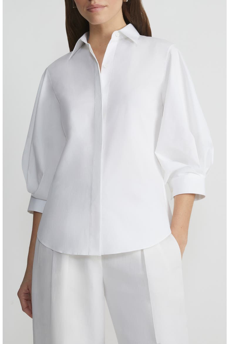 Slim Fit Balloon Sleeve Stretch Cotton Blend Button-Up Shirt, Main, color, WHITE