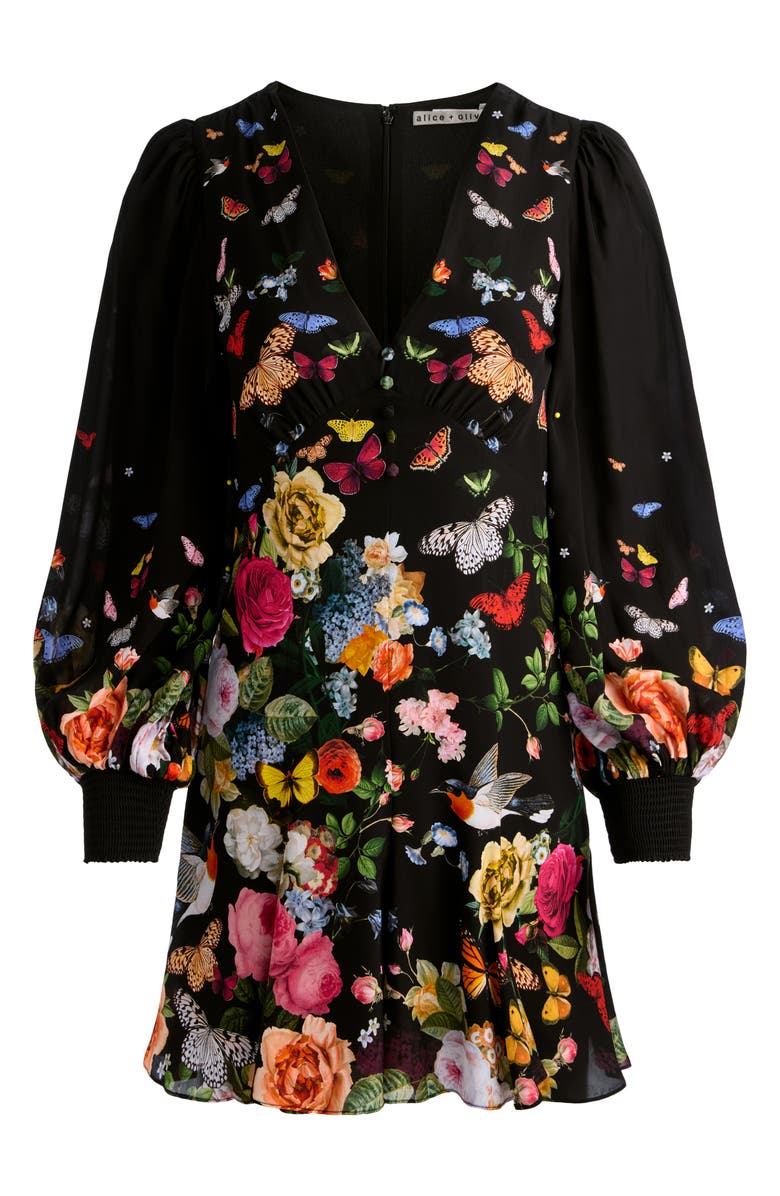 Alice + Olivia Irene Floral Long Sleeve Minidress, Alternate, color, Solar Strength Black