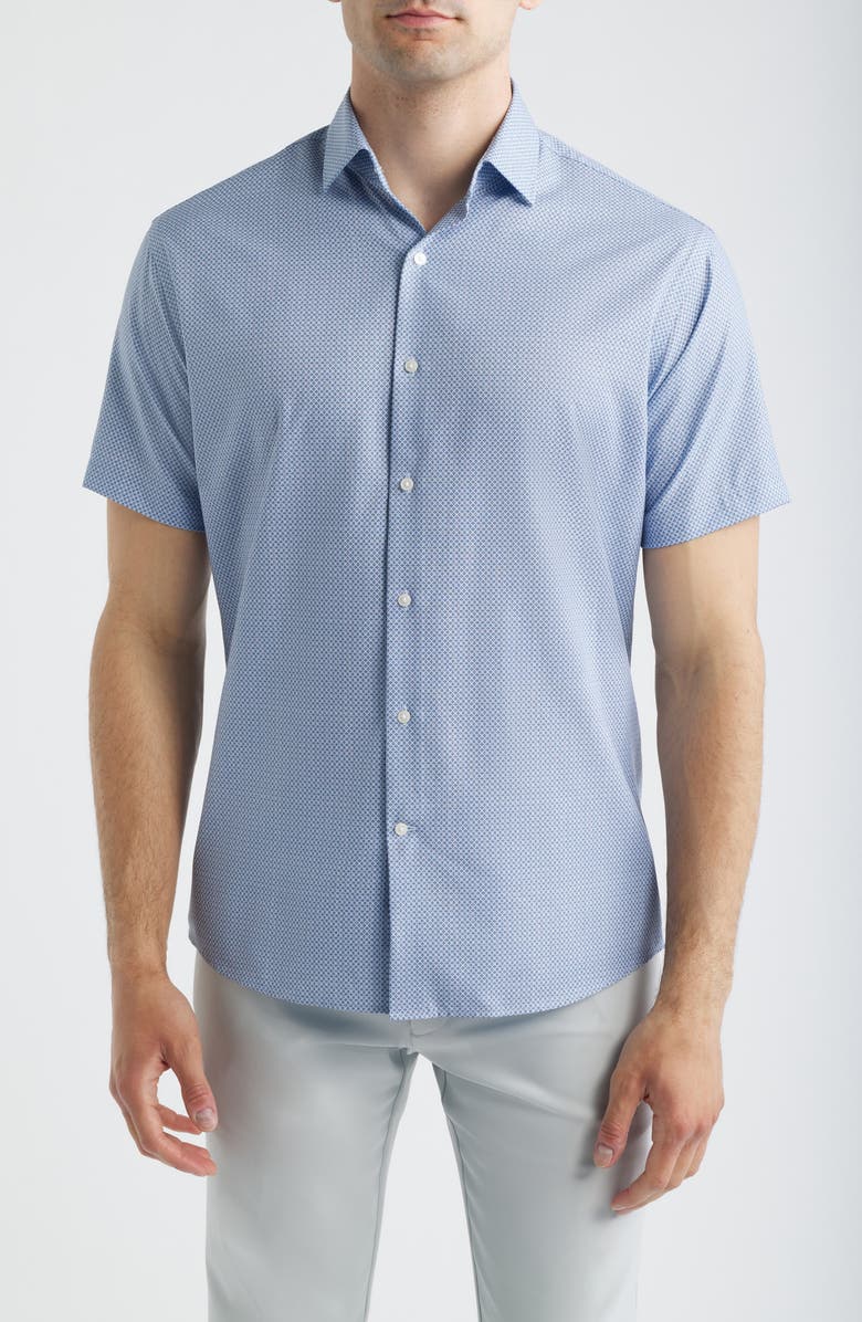 Peter Millar Patton Tailoref Fit Microprint Short Sleeve Performance Poplin Button-Up Shirt, Main, color, Cottage Blue