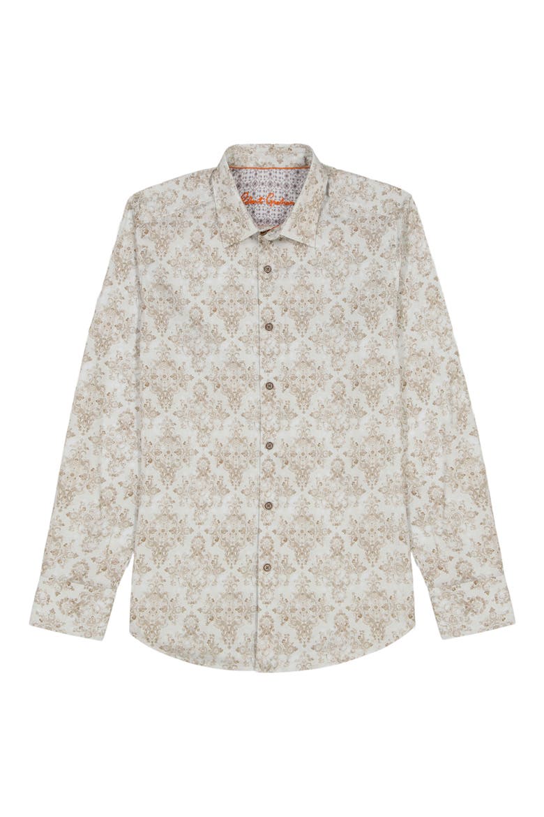 Delancey Damask Print Stretch Cotton Button-Up Shirt, Alternate, color, KHAKI