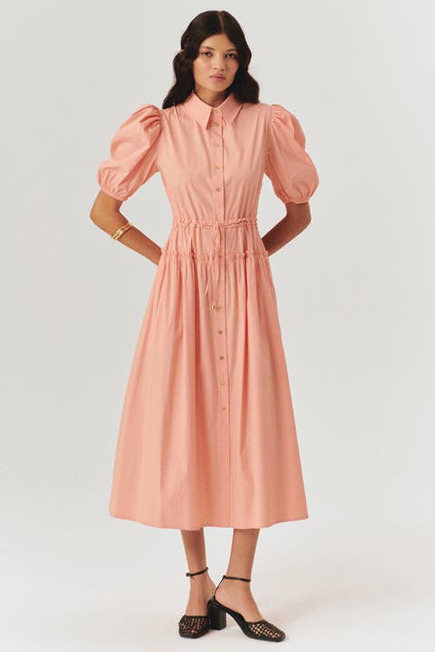 Fitted Waist Shirt Collar Midi Dress