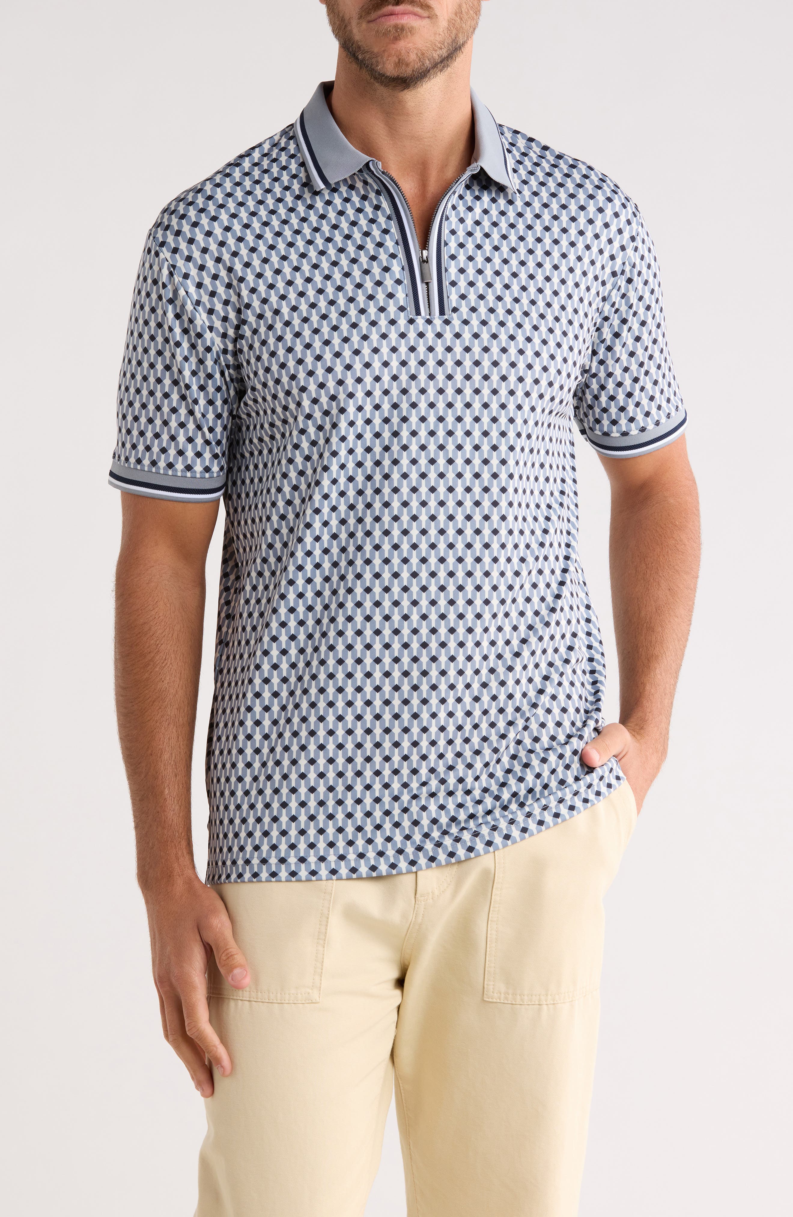 DENIM AND FLOWER Geometric Quarter Zip Performance Polo