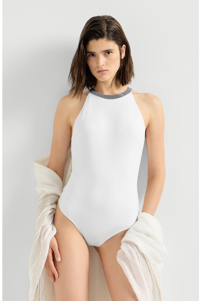 Techno jersey bathing suit with precious collar, Alternate, color, White
