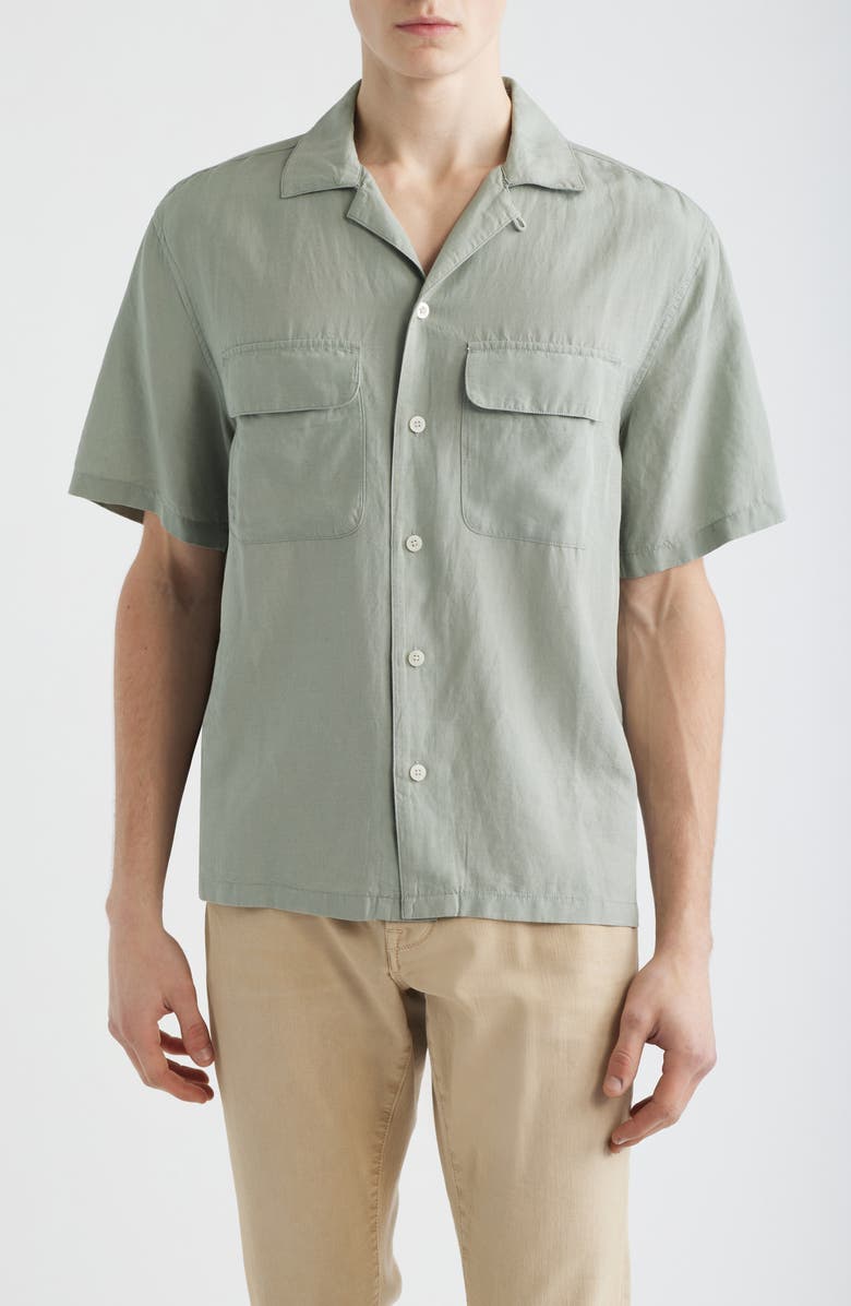 Madewell Short Sleeve Lyocell & Linen Button-Up Shirt, Main, color, Frosted Cement