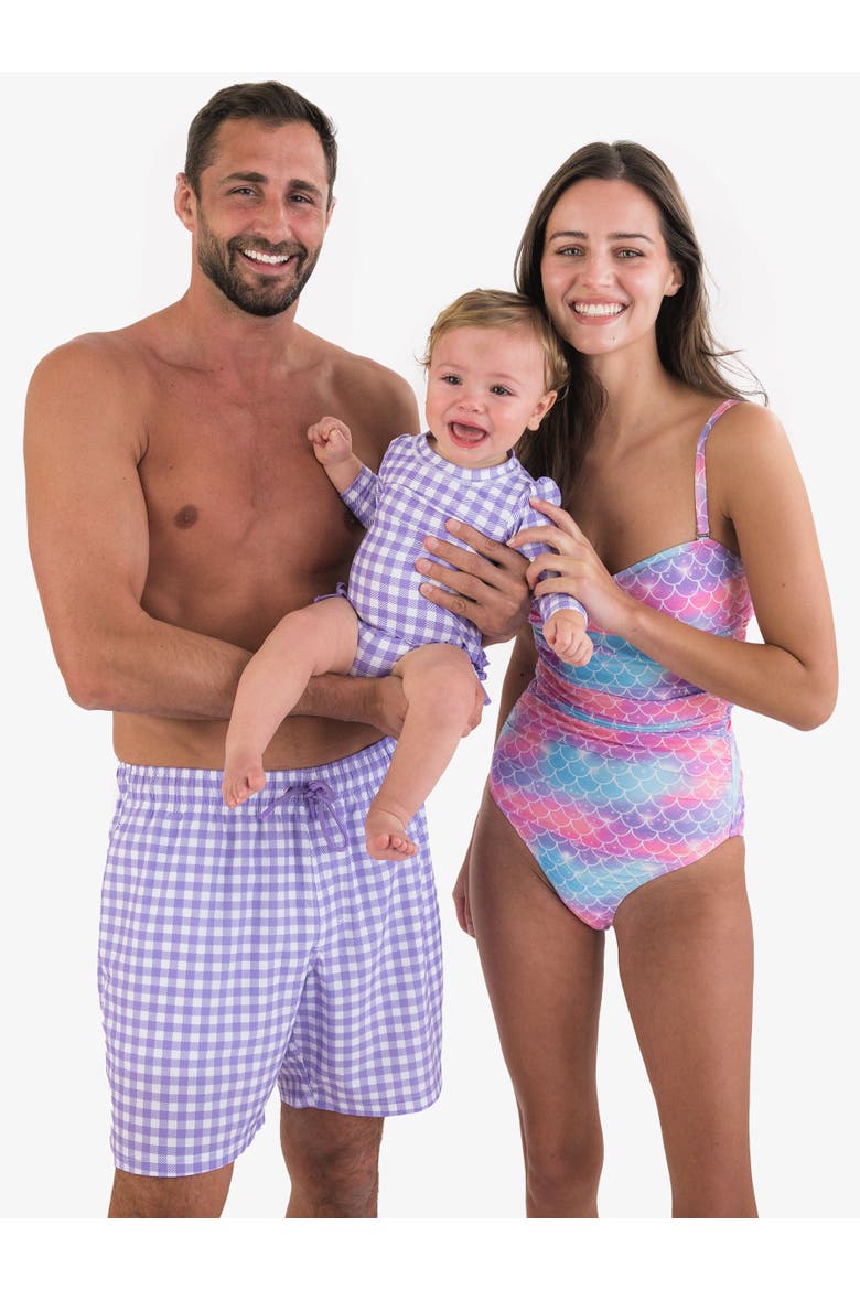 Baby Girls Gingham Long Sleeve UPF50+ One Piece Rash Guard, Alternate, color, Wisteria Purple Gingham