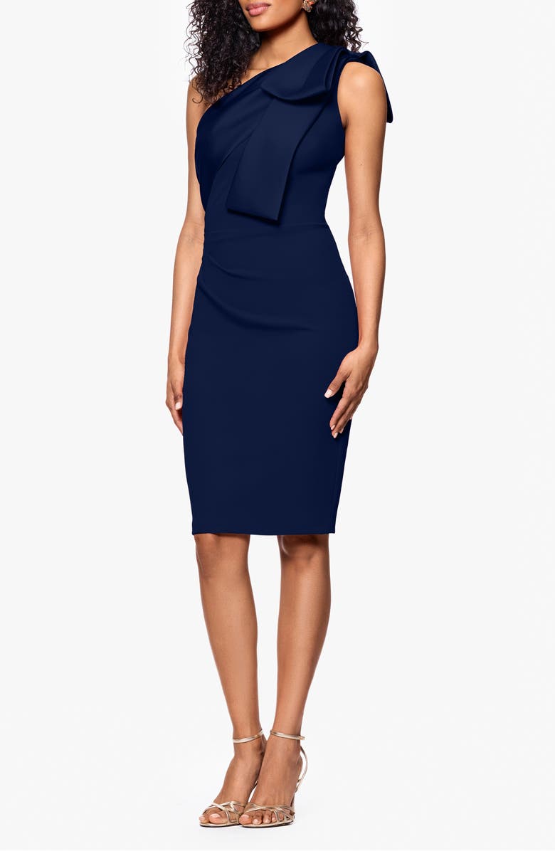 Betsy & Adam Bow Detail One-Shoulder Scuba Crepe Cocktail Sheath Dress, Alternate, color, Navy