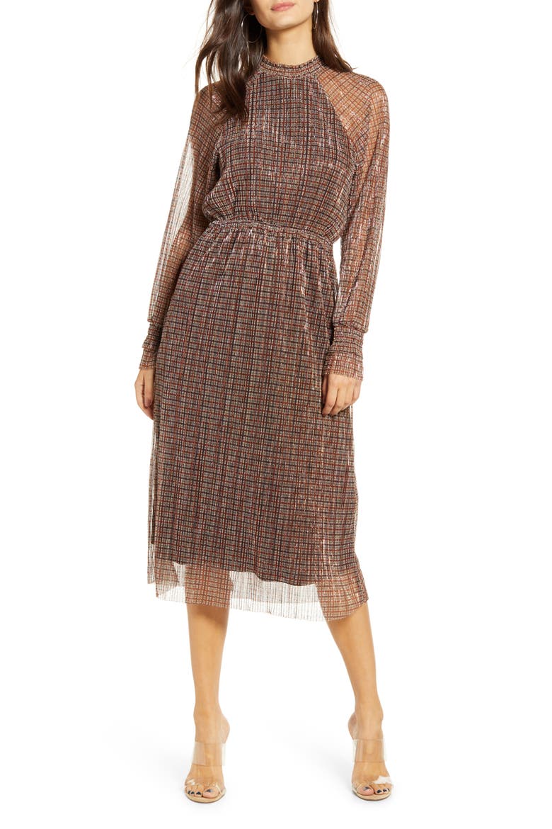 Alexandra Shimmer Plaid Long Sleeve Dress, Main, color, BIRCH