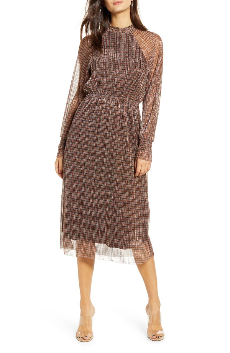 VERO MODA Alexandra Shimmer Plaid Long Sleeve Dress, Main, color,