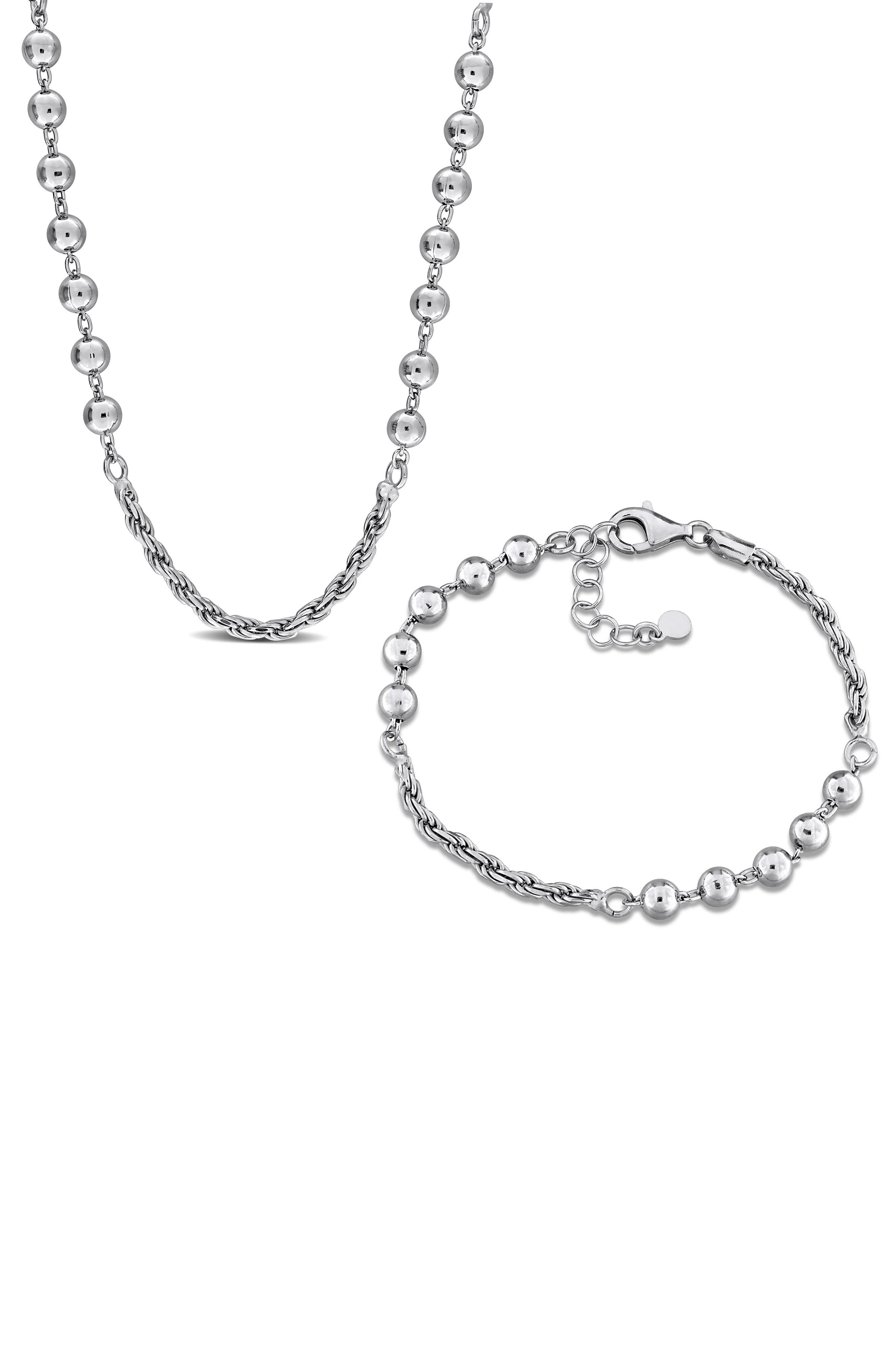 DELMAR Sterling Silver 2.5mm Rope & 5mm Ball Chain Necklace & Bracelet Set