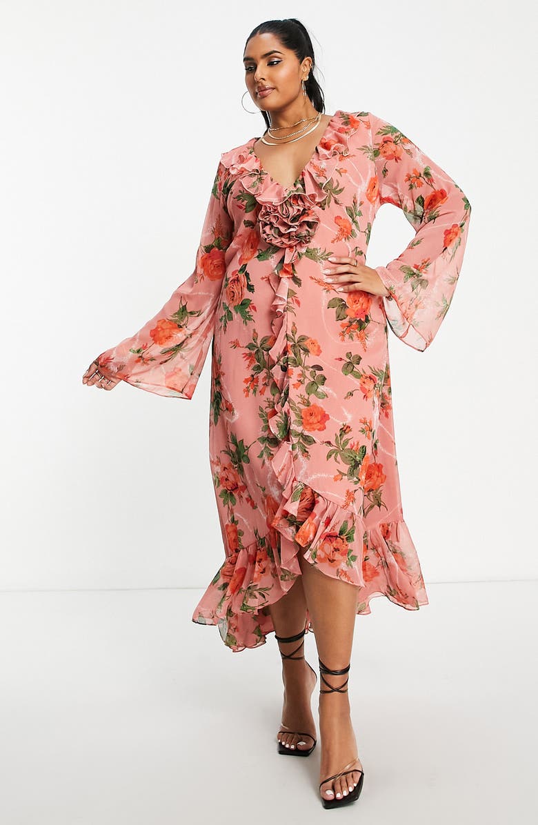 ASOS DESIGN Curve Rose Print Long Sleeve Midi Dress, Main, color, 