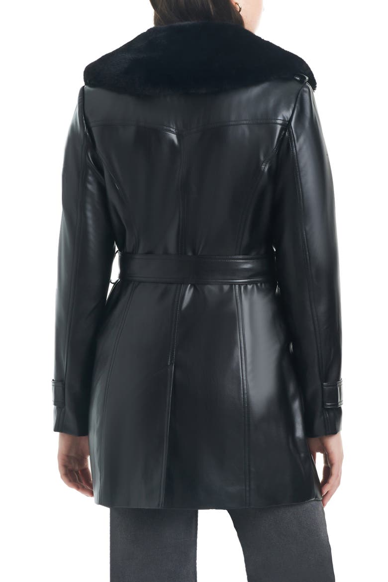 Belted Faux Leather Jacket with Removable Faux Fur Collar, Alternate, color, BLACK