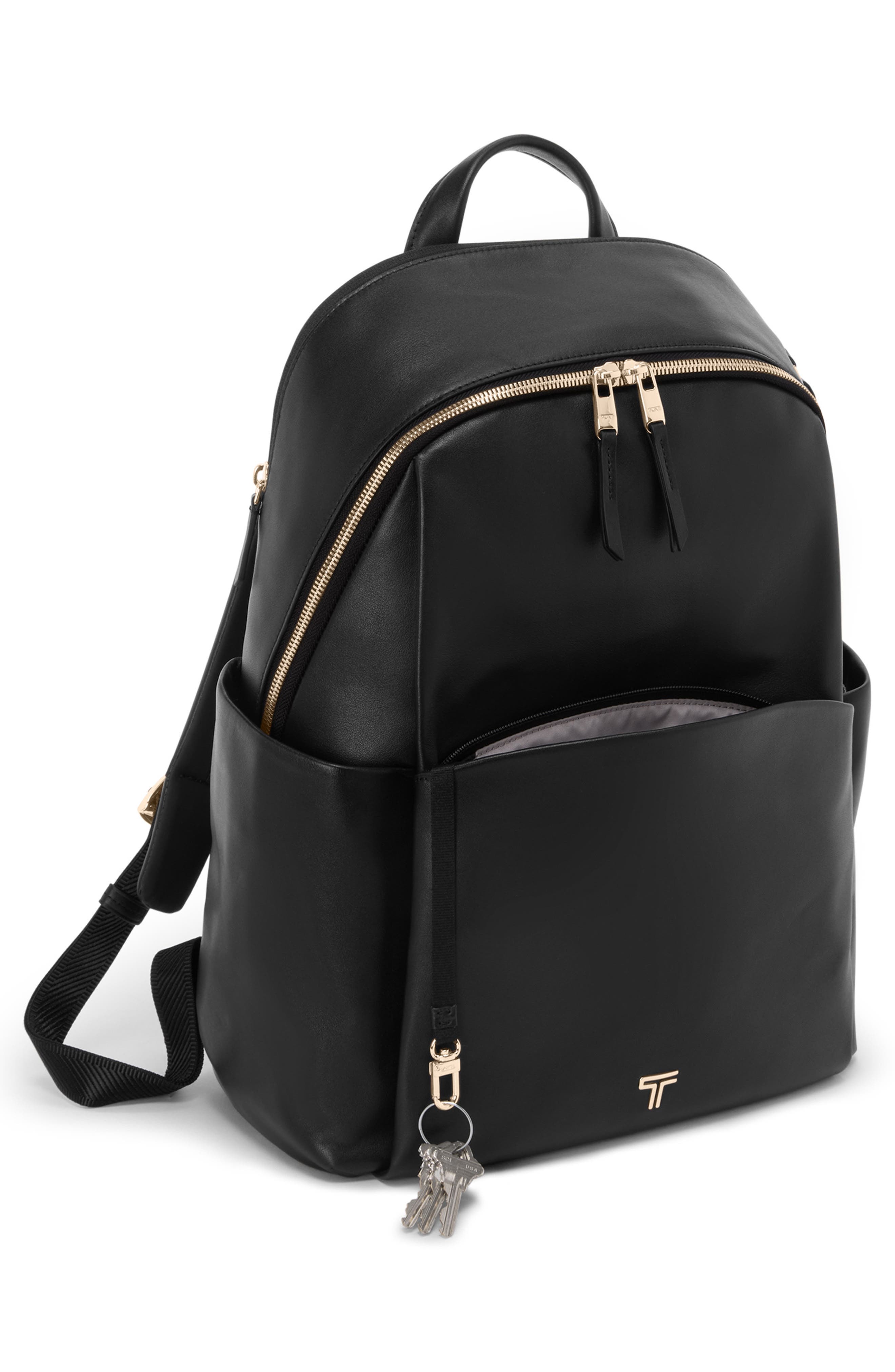 TUMI Raina Large Leather Backpack, Alternate, color, Black/ Light Gold