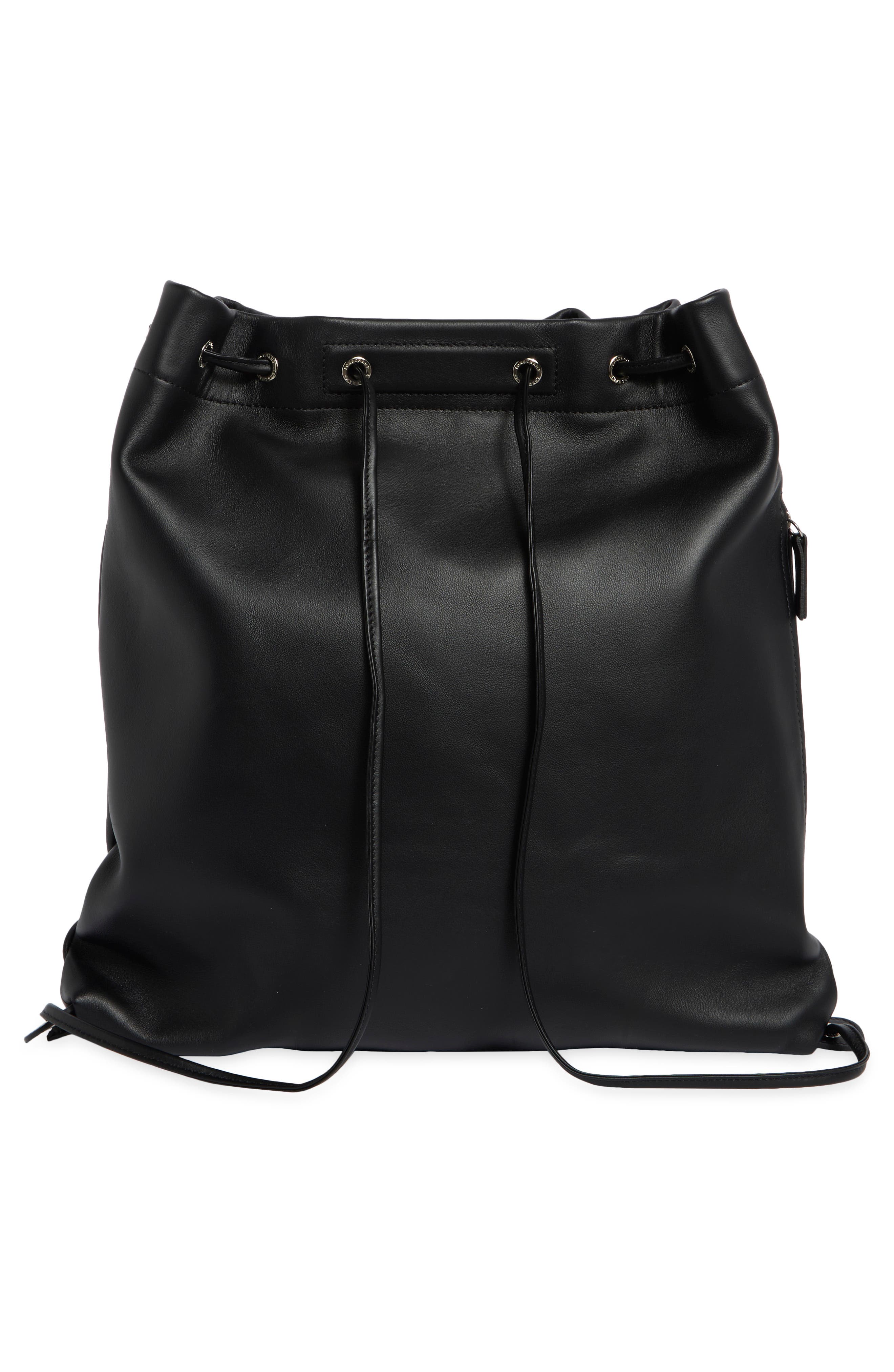 Roseau Leather Drawstring Backpack, Alternate, color, BLACK