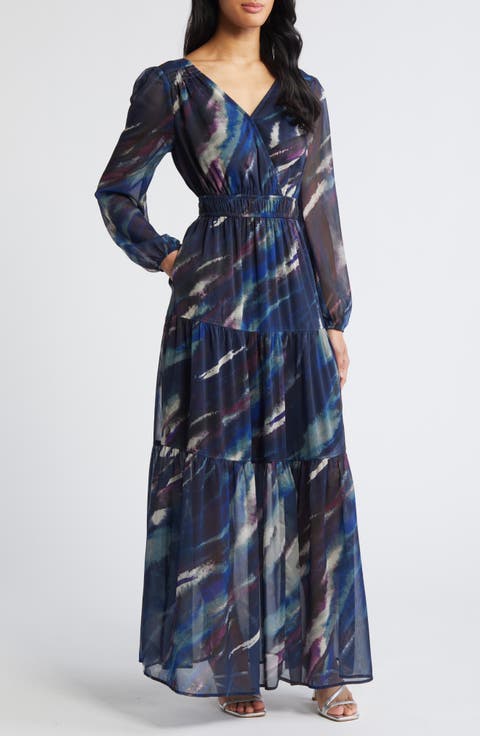 Print Long Sleeve Chiffon Maxi Dress