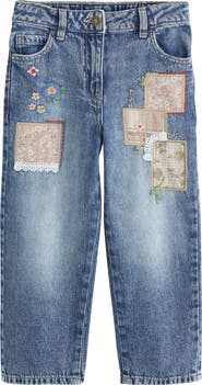 NEXT Kids' Patchwork Embroidery Straight Leg Jeans