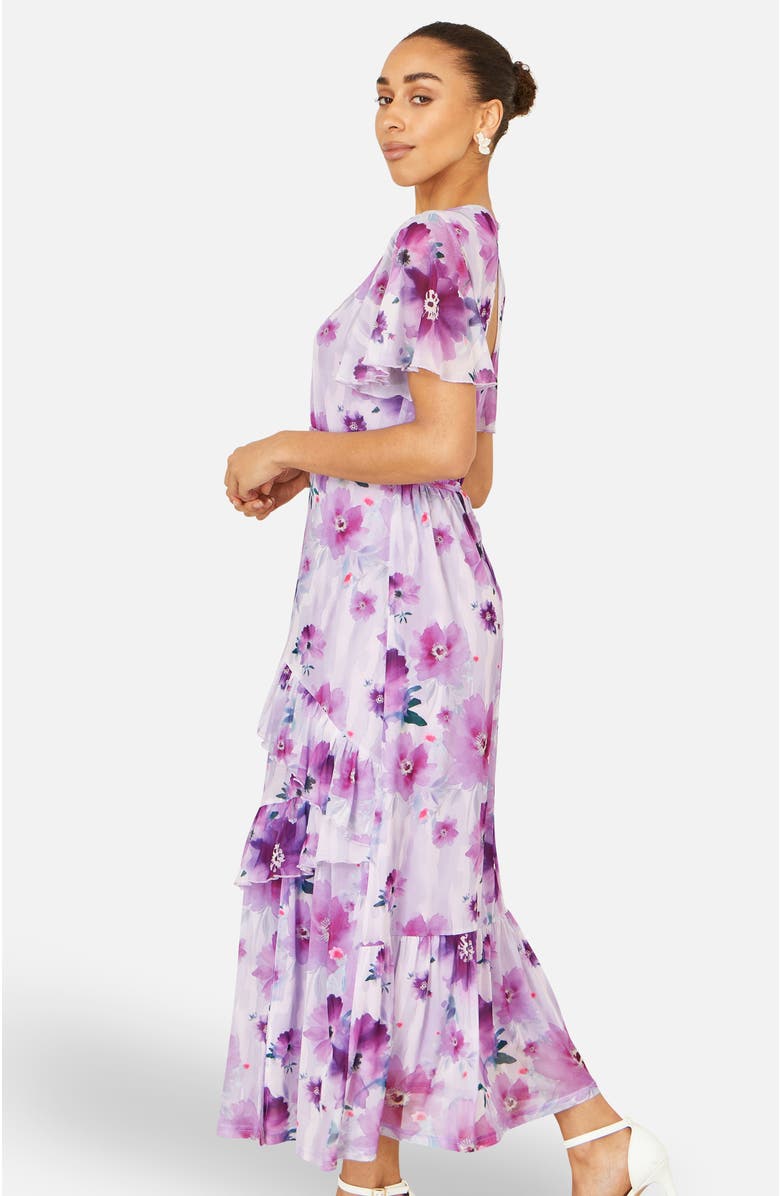 Yumi Floral Print Frill Midi Dress, Alternate, color, Lavender