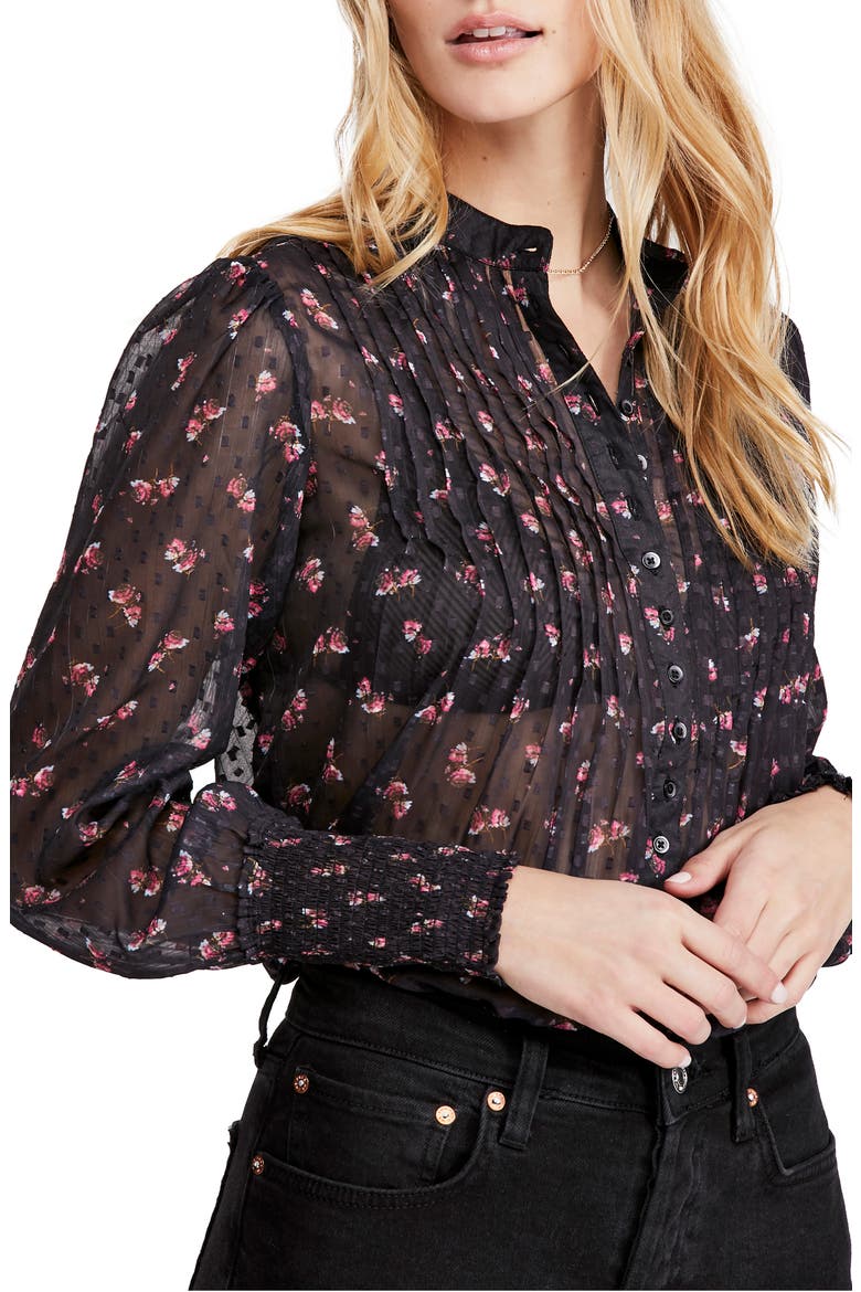Flowers in December Print Sheer Blouse, Main, color, BLACK
