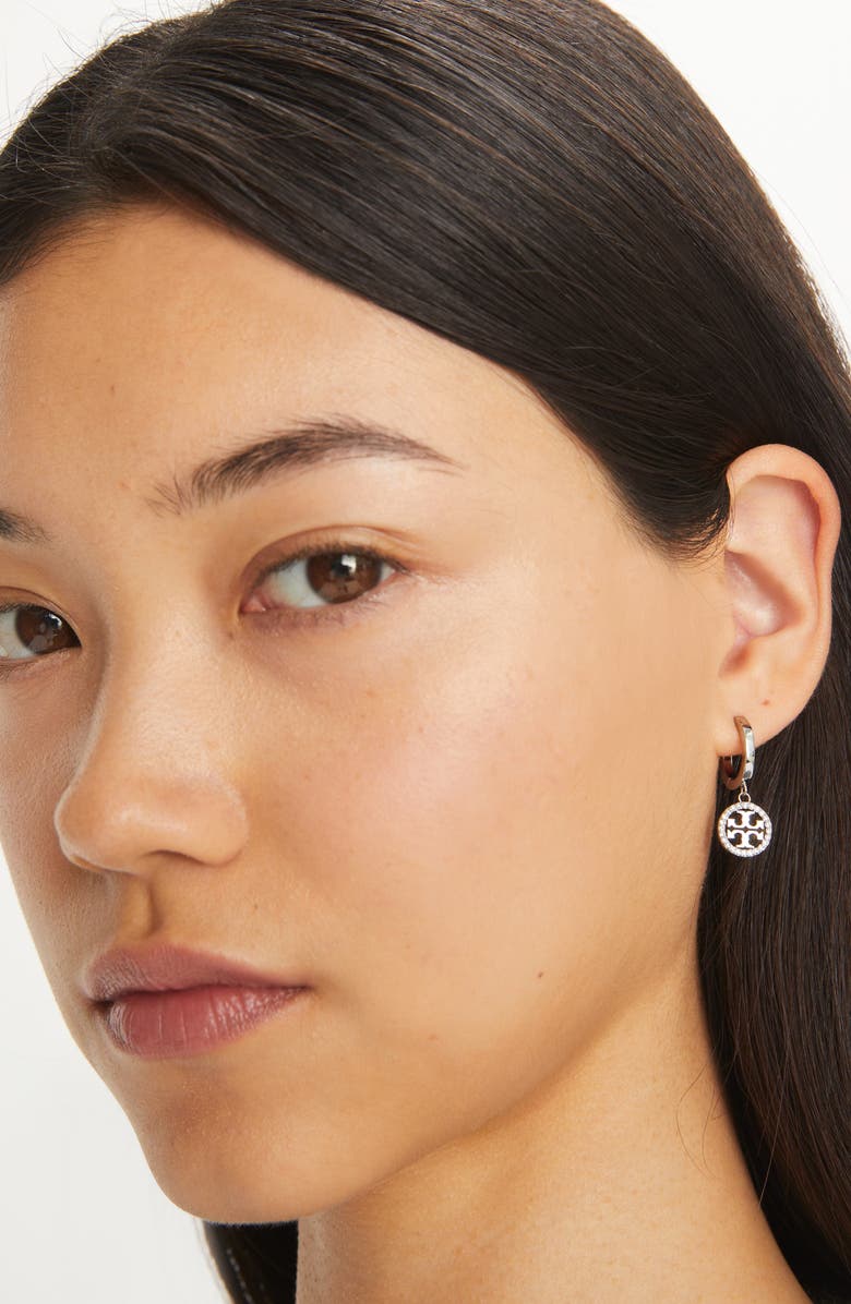 Tory Burch Icon Pavé Clip-On Hoop Earrings, Alternate, color, Tory Silver / Crystal