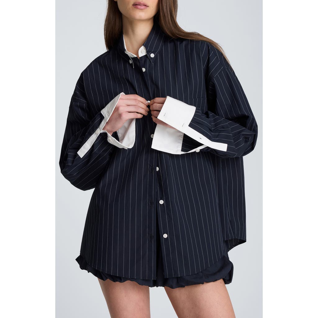 Kenneth Cole Pinstriped Cotton Button-Up Shirt in Dk Navy/pure White at Nordstrom, Size X-Large