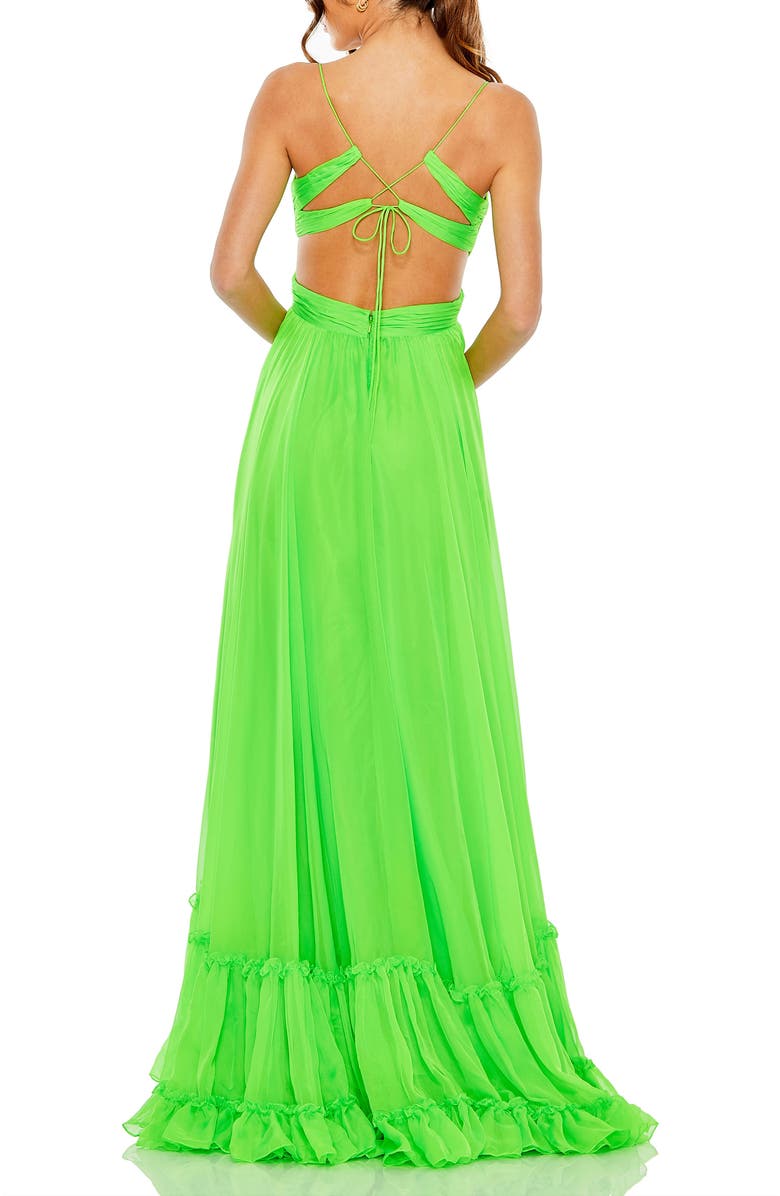 Mac Duggal Cut Out Chiffon Tiered Strappy Open Back Gown, Alternate, color, Lime