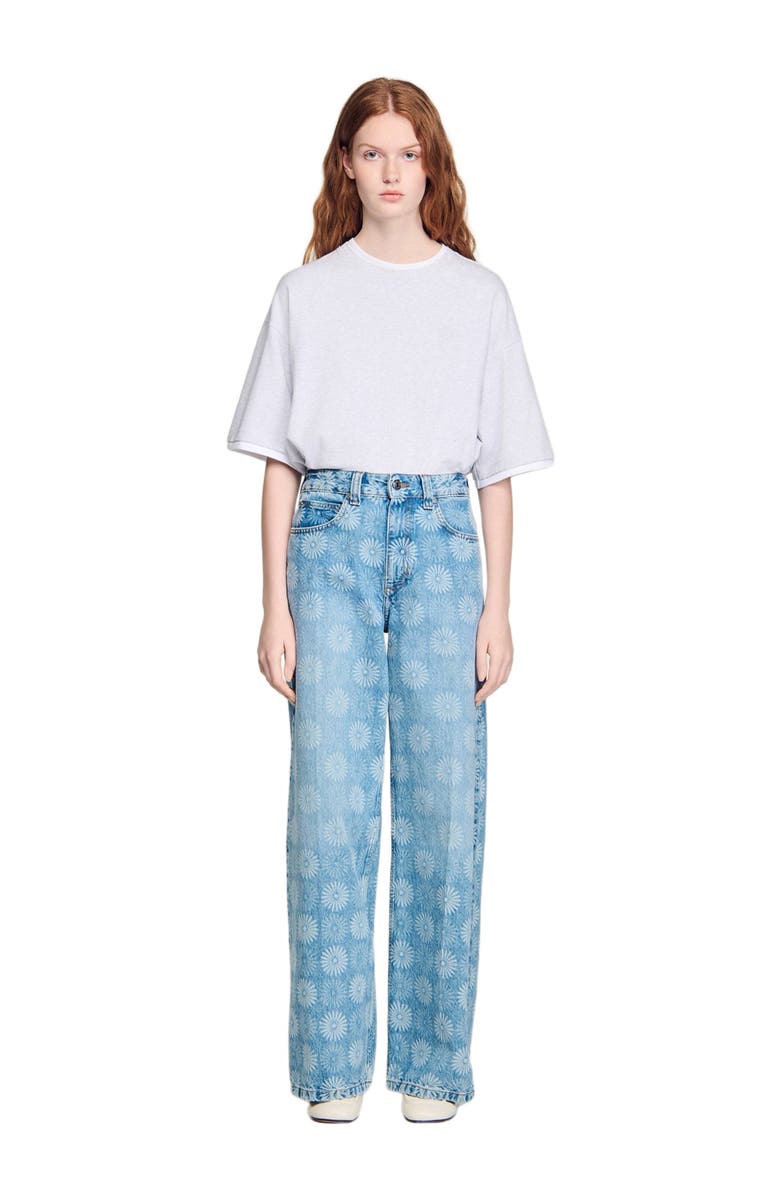 SANDRO Wide-leg floral print jeans, Alternate, color, Blue Jean