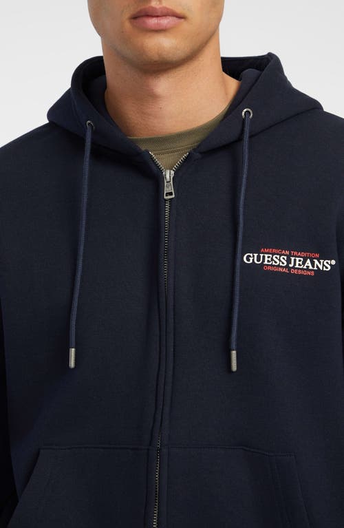 Guess Jeans Regular Fit Embroidered Logo Zip Hoodie In Blue