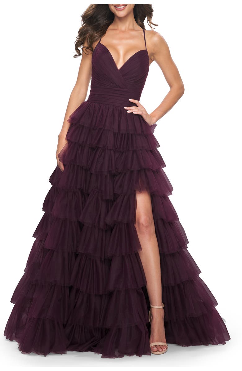 La Femme A-Line Ruffle Tulle Gown with High Slit and Lace Up Back, Alternate, color, Dark Berry