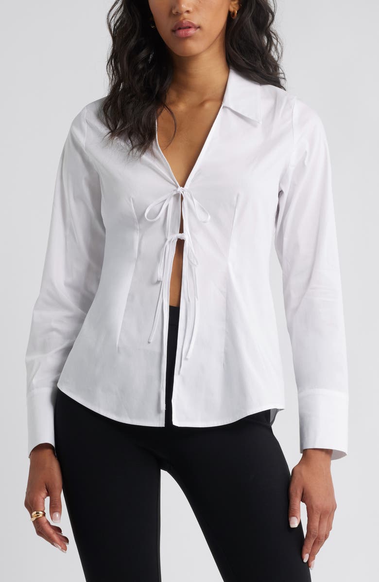Open Edit Tie Front Cotton Blend Poplin Shirt, Main, color, White