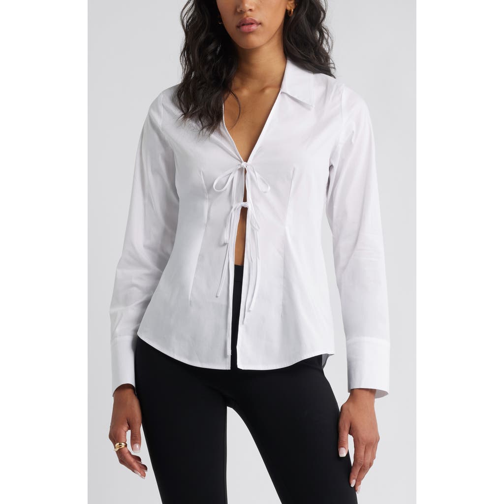 Open Edit Tie Front Cotton Blend Poplin Shirt In White