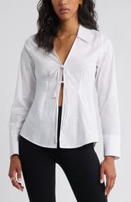 Open Edit Tie Front Cotton Blend Poplin Shirt
