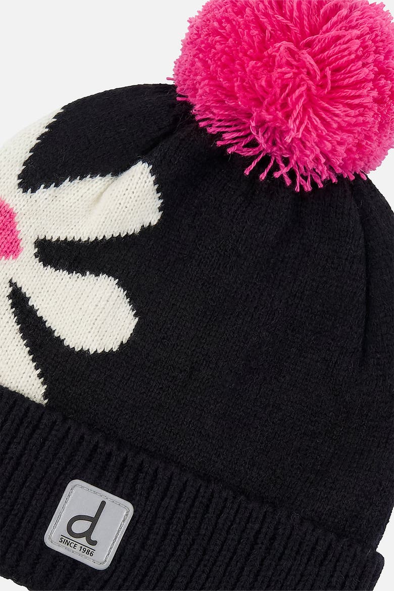 Winter Oversized Flower Fleece-Lined Pompom Knit Hat, Alternate, color, Black, White and Pink