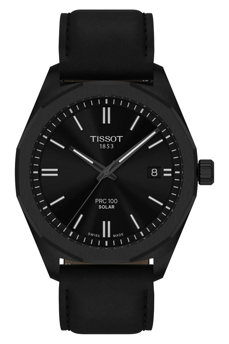 PRC 100 Solar Quartz Leather Strap Watch, 39mm, Main, color, BLACK