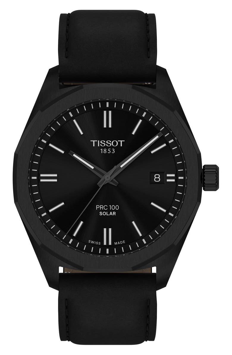 Tissot PRC 100 Solar Quartz Leather Strap Watch, 39mm, Main, color, Black