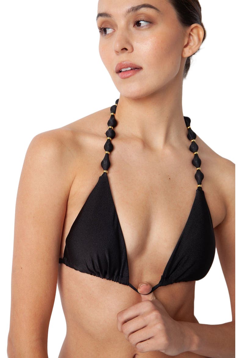 Sole Beaded Triangle Bikini Top, Alternate, color, SHINY BLACK