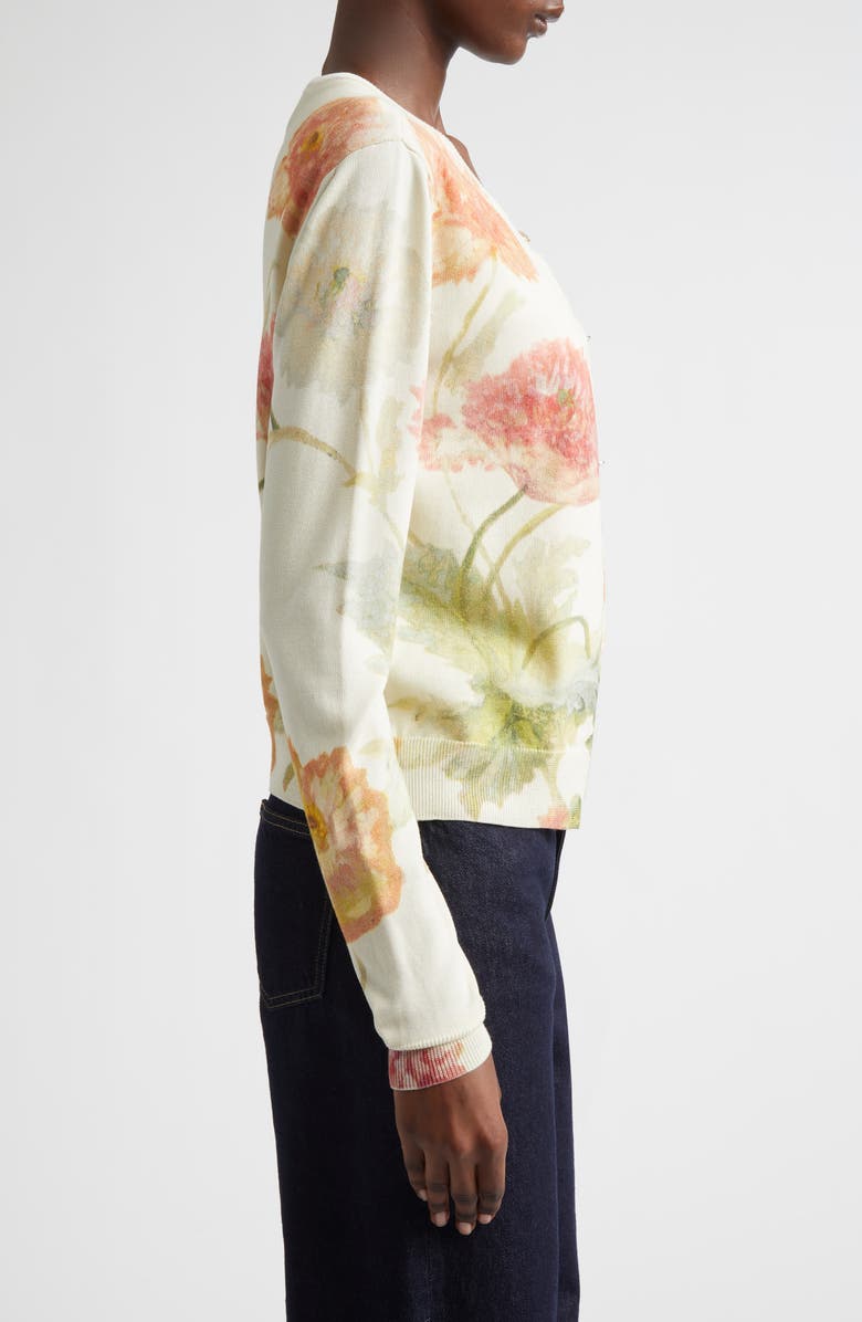 Carolina Herrera Poppy Print Silk & Cotton Cardigan, Alternate, color, Almond Multi