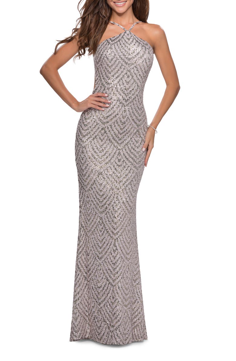 La Femme Scallop Pattern Sequin Halter Neck Mermaid Gown, Main, color,