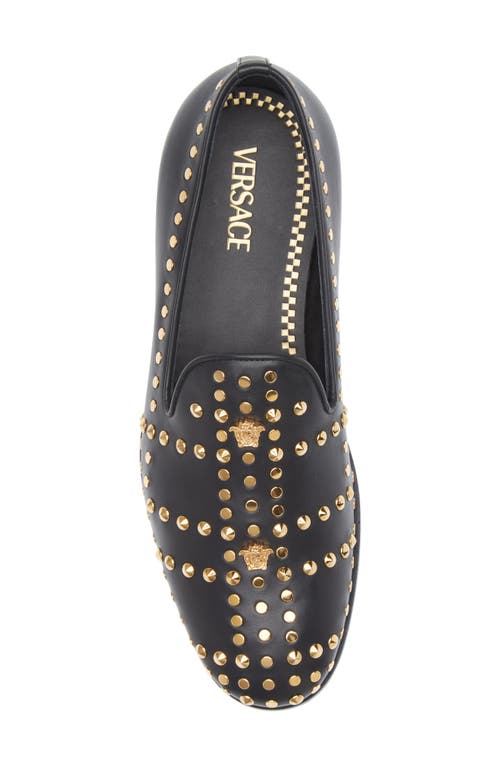 Versace Studded Medusa Leather Loafers In Black- Gold