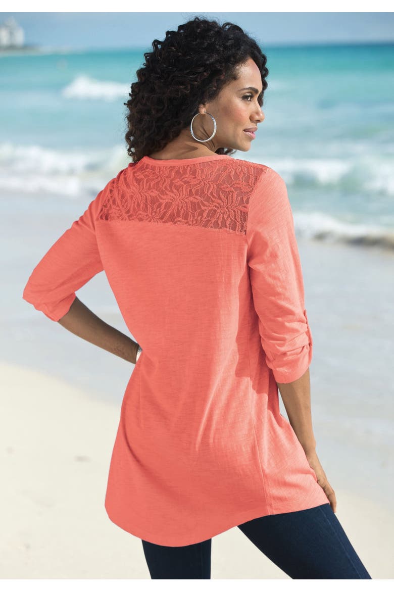Textured Lace Trimmed Tunic, Alternate, color, SUNSET CORAL