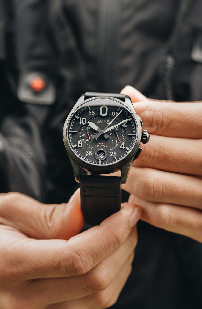AVI-8 Spitfire Lock Slate Dial Chronograph Leather Strap Watch, 42mm, Alternate, color, Black